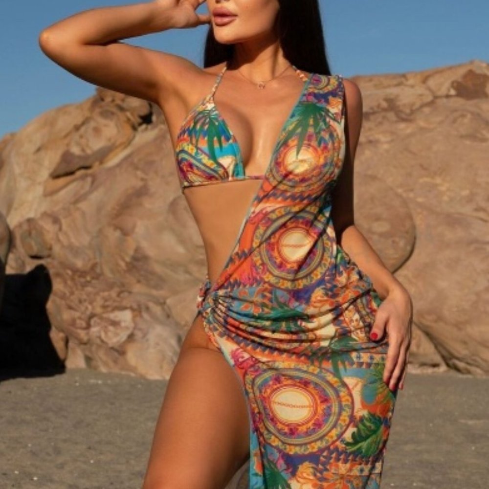 Tropical Print Halter Triangle Bikini Swimsuit With Cover Up